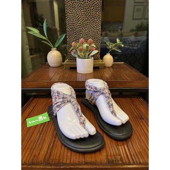 Sanuk Sz 10 Yoga Sling Ella Gray Paradise Palms Womens Yoga Mat Sole Sandal New - Picture 1 of 9